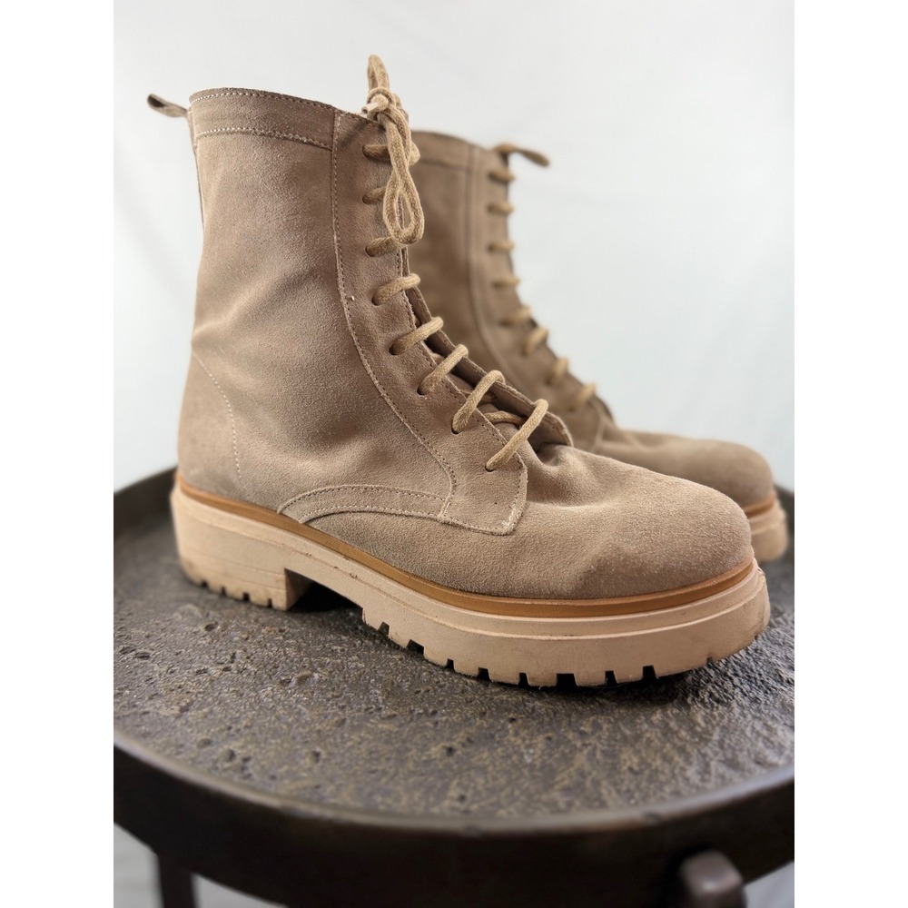 Made in Spain Tan Suede Lace Up Combat Boots Side Zip Lug Sole Size 40